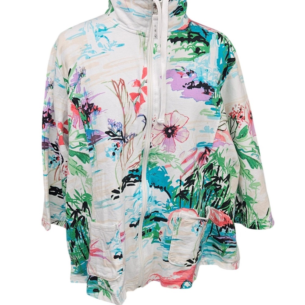 Onque Woman Flamingo Tropical Floral Full Zip Jacket White 3X 3/4 Sleeve Cotton